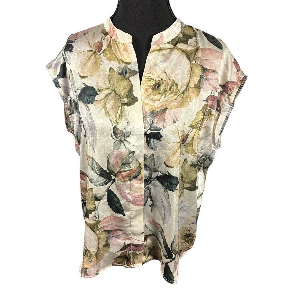 Elie Tahari Womens Floral Silk Blend Cap Sleeve Split Neck Blouse Cream Green S